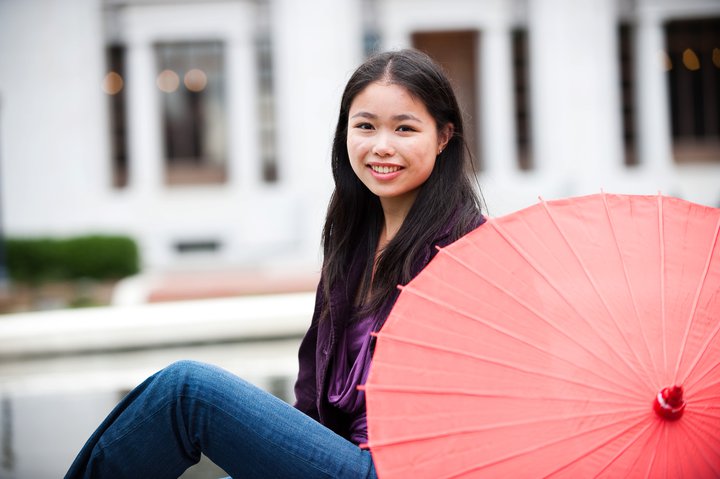 portrait of Angela taken by Wilson So in front of the Hearst Memorial Mining Building at UC Berkeley